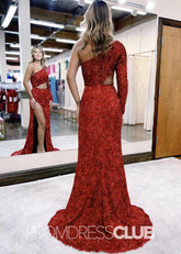 Denise |Long Red Prom Dress Sequins With Mermaid One Shoulder Silt - Price #price_variant_lowest# - Red - PromDressClub